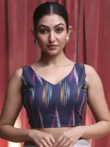 Indethnic V Neck Sleeveless Ikkat Saree Blouse