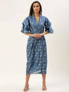 Ethnovog Floral Printed Flared Sleeve Wrap Midi Dress