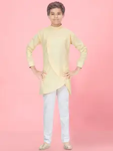 BAESD Boys Angrakha Mandarin Collar Pure Cotton Asymmetric Straight Kurta With Pyjamas