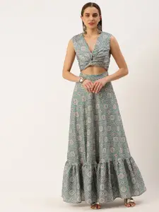 Ethnovog Floral Printed Cut-Out Satin Maxi Dress