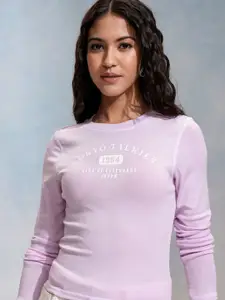 Tokyo Talkies Women Varsity Drop-Shoulder Sleeves Slim Fit T-shirt