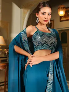 Janasya Women Georgette Sequined Crop Top With Pant & Cape Set