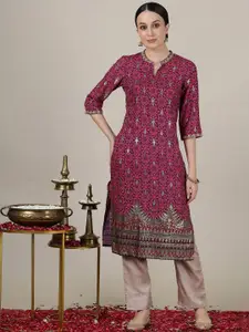 AURELIA Women Floral Printed Flared Sleeves Mirror Work Kurta