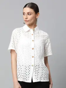 Global Republic Women Classic Spread Collar Schiffli Cotton Relaxed Fit Casual Shirt