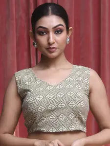 Indethnic Printed V Neck Sleeveless Cotton Saree Blouse