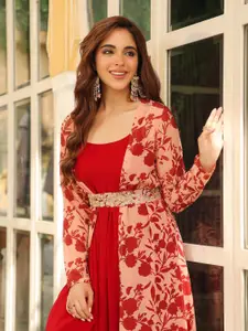 Janasya Floral Printed Embroidered Belted Dress With Jacket