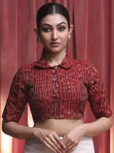Indethnic Woven Design Shirt Collar Cotton Saree Blouse