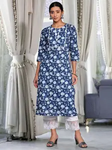 Varanga Floral Printed Round Neck Cotton Straight Kurta