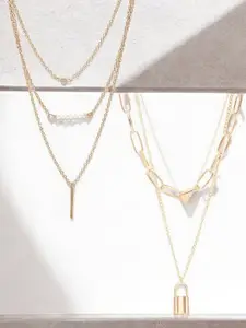 DressBerry Gold-Toned Set of 2 Pearls Beaded Lock Pendant Layered Necklaces
