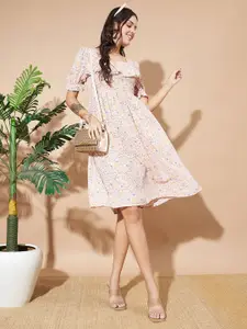 Slenor Floral Print Puff Sleeve Georgette A-Line Midi Dress