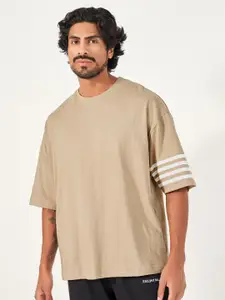 Styli Men Striped Sleeve Boxy Fit Compact Jersey T-Shirt With wide Mock Neck Detail