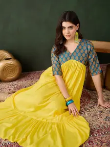 Sangria Printed V-Neck Maxi Ethnic Dress