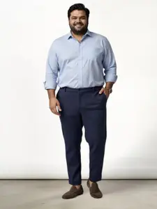 The Pant Project Navy Blue Checks Slim-Fit Wrinkle-Free Power-Stretch Knitted Trousers