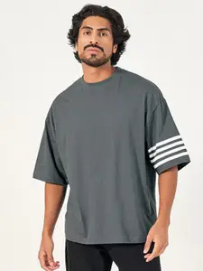 Styli Men Striped Sleeve Boxy Fit Compact Jersey T-Shirt With wide Mock Neck Detail