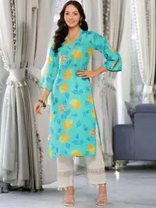 Varanga Floral Printed V Neck Flared Sleeves Cotton Straight Kurta