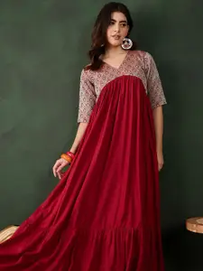 Sangria Woven Design V-Neck Ethnic Dress