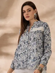 all about you Print Mandarin Collar Crepe Top