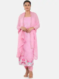 MOZAFIA Floral Embroidered Gotta Patti Tussar Silk Unstitched Dress Material