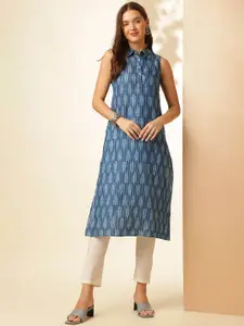 Anouk Blue Floral Printed Shirt collar Sleeveless Regular Straight Kurta