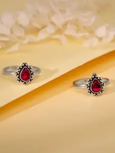 GIVA 925 Sterling Silver Rhodium-Plated Stones Studded Adjustable Oxidised Toe Rings