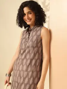 Anouk Brown Floral Printed Shirt collar Sleeveless Regular Straight Kurta