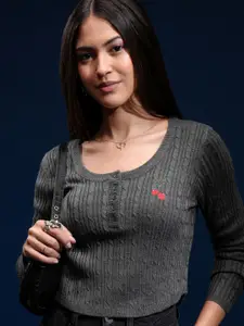 Tokyo Talkies Women Cable Knit Round Neck Pullover Sweater