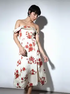 ONLY Floral Print Off-Shoulder Satin Fit & Flare Midi Dress