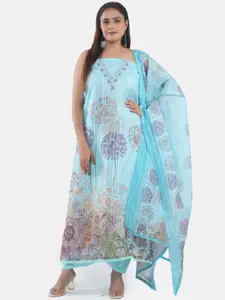 MOZAFIA Floral Printed Mirror Work Linen Unstitched Dress Material