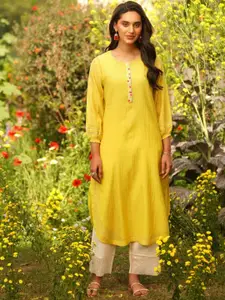 JAYPORE Round Neck Thread Work Puff Sleeves Straight Kurta