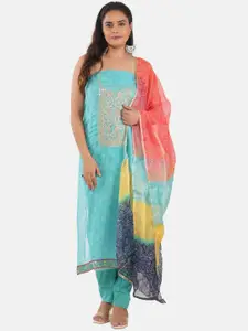 MOZAFIA Bandhani Embroidered Zari Organza Unstitched Dress Material