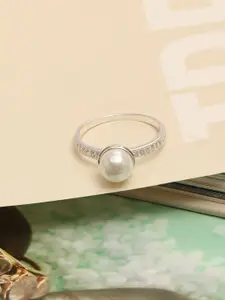 LeCalla 925 Sterling Silver Plated CZ Stone Studded & Beaded Finger Ring