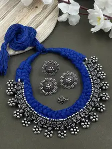 NAMAN ARTS Shilpi Threaded Silver-Plated Oxidised Necklace Jewellery Set