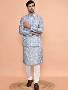 MAAHI FABS Mandarin Collar Floral Woven Design Kurta with Churidar and Nehru Jacket