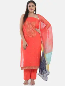 MOZAFIA Premium Bandhani Embroidered Zari Organza Unstitched Dress Material