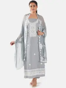 MOZAFIA Premium Floral Embroidered Thread Work Unstitched Dress Material