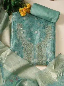 MOZAFIA Premium Floral Embroidered Zari Organza Unstitched Dress Material