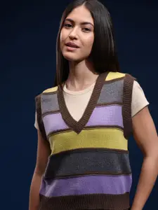 Tokyo Talkies Women Striped V-Neck Pullover Sweater