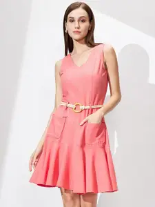 Globus V-Neck Utility Pockets Flared Hem Belted A-Line Dress