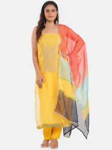 MOZAFIA Floral Embroidered Zari Bandhani Organza Unstitched Dress Material