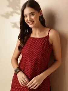 Anouk Maroon Polka Dots Printed Shoulder Straps Neck Sleeveless Regular  Pure Cotton Kurta