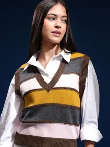 Tokyo Talkies Women Striped V-Neck Sweater Vest