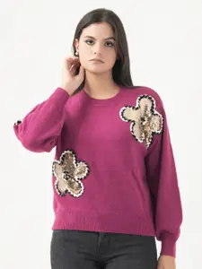 Albion By CnM Women Floral Round Neck Pullover Sweater