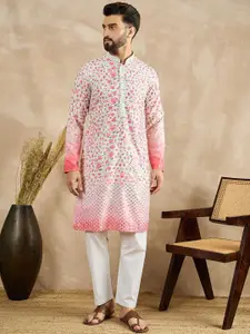 House of Pataudi Mandarin Collar Floral Printed Sequinned Straight Kurta
