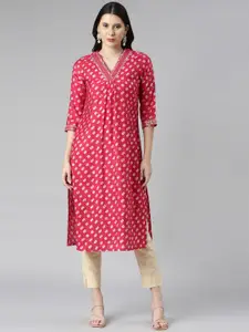 Neerus Bandhani Printed V-Neck Three-Quarter Sleeves Mirror Work A-Line Kurta