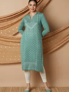 Melange by Lifestyle Geometric Embroidered Mandarin Collar Thread Work Straight Kurta