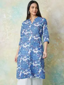 Melange by Lifestyle Floral Printed Mandarin Collar Cotton Straight Kurta