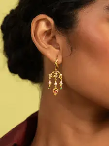 SHAYA 925 Sterling Silver Gold Plated CZ Studded Contemporary Drop Earrings