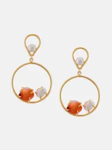 Yinara Gold-Plated Circular Ring Faux Stone & Pearl Studded Dangler Earrings