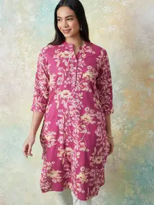 Melange by Lifestyle Floral Printed Mandarin Collar Cotton Straight Kurta