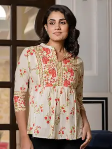KALINI Women Floral Embroidered Mandarin Collar Cotton Top